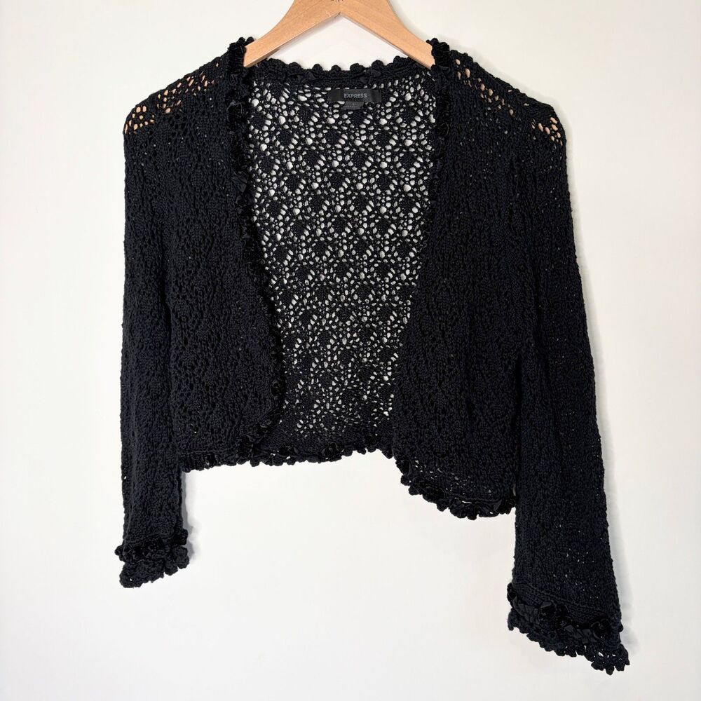 Vintage Express Crocheted Sweater Cardigan Shrug Black Whimsigoth Women Large